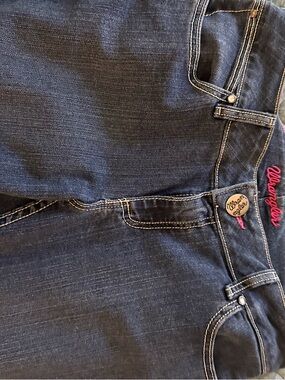 Wrangler High-Rise Dark Blue Denim Jeans with Pink Stitching Accent